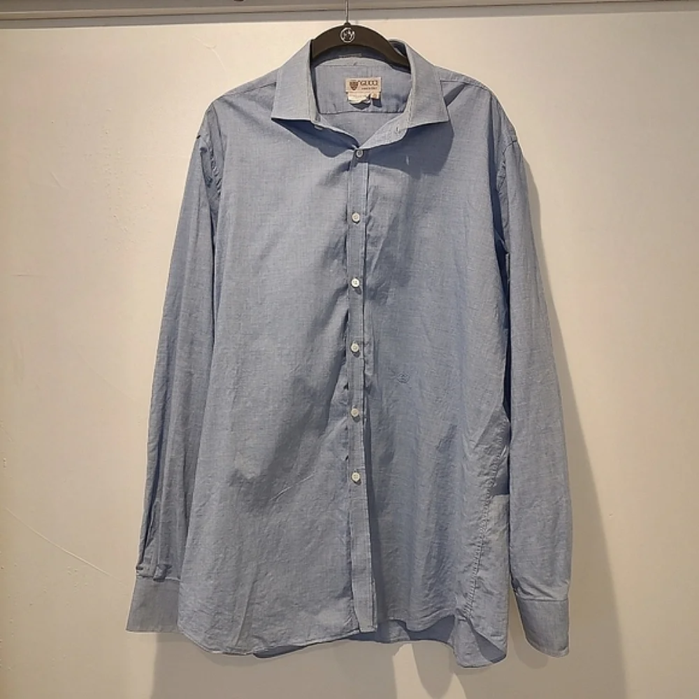 VTG Gucci 80s Blue Double G Oxford Shirt 17 X43 100% Cotton FLAWS